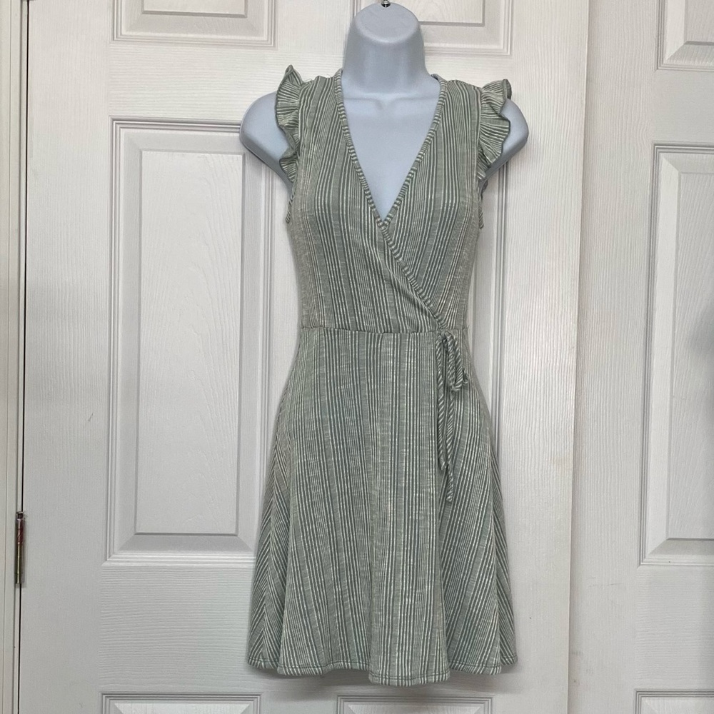 Mint Green Ribbed Wrap Look Faux Wrap Dress Flutter Sleeves Sz S